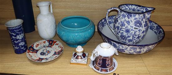 A quantity of mixed ceramics including a Burmantofts jardiniere, an Imari dish, etc.